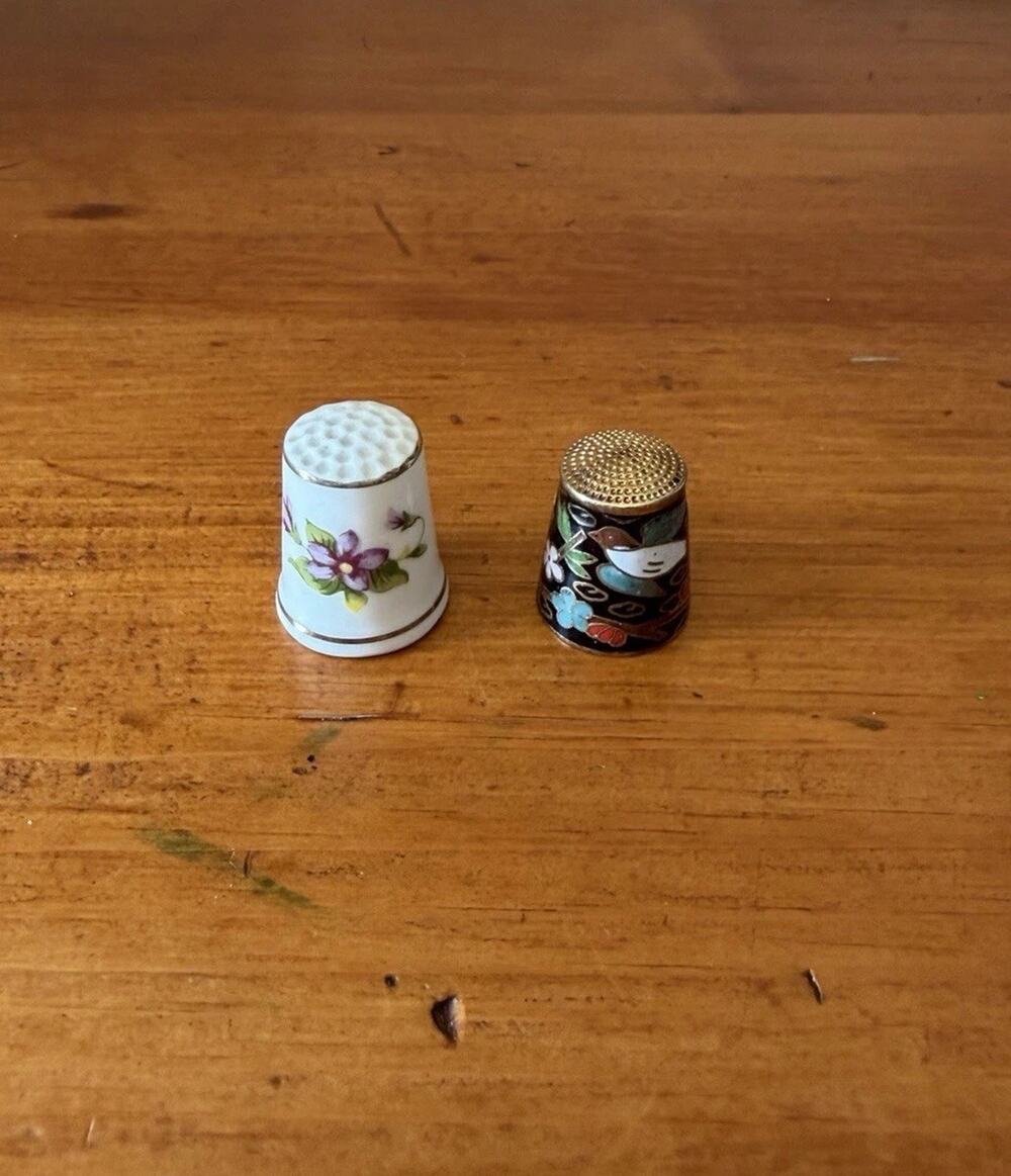 Vintage Thimble Set Porcelain Floral & Cloisonné Enamel Sewing Collectible Pair
